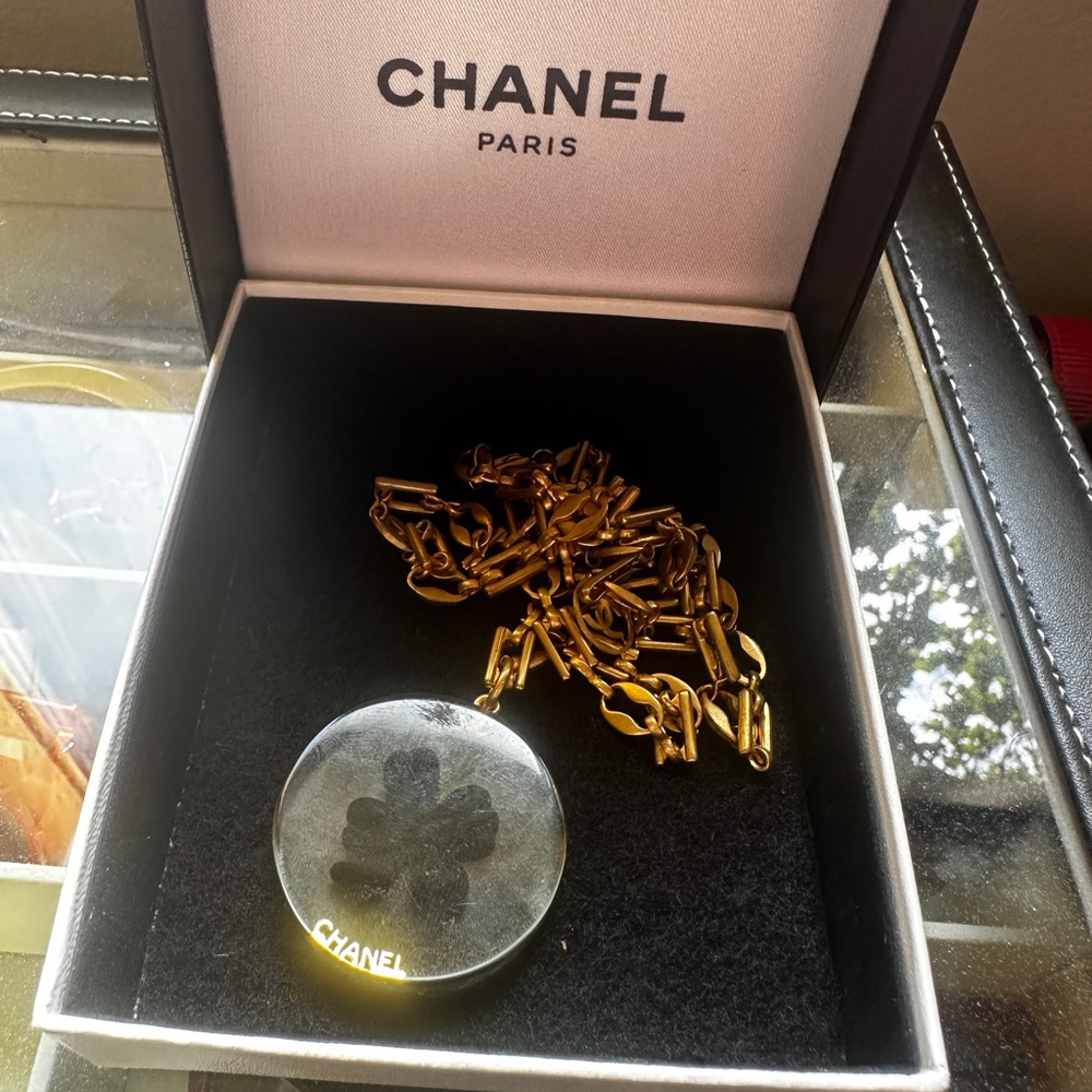 Authentic Chanel clover Gold Chain with plastic Black Clover Pendant